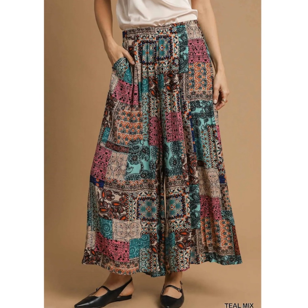 Umgee Teal Mix Wide Leg Patchwork Palazzo Pants